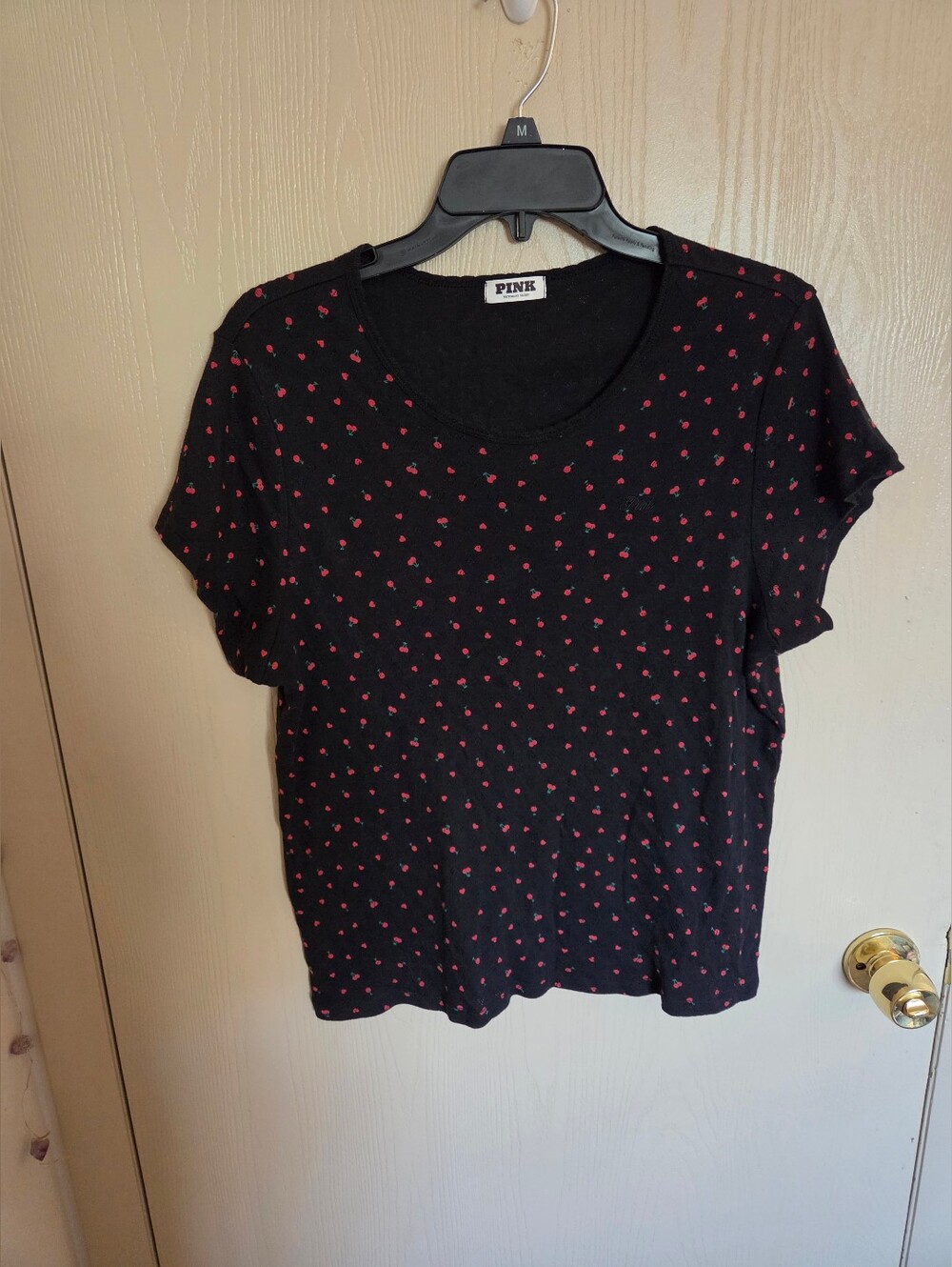 Victoria's Secret Pink Black Ribbed Cherries Baby Tee Womens XXL